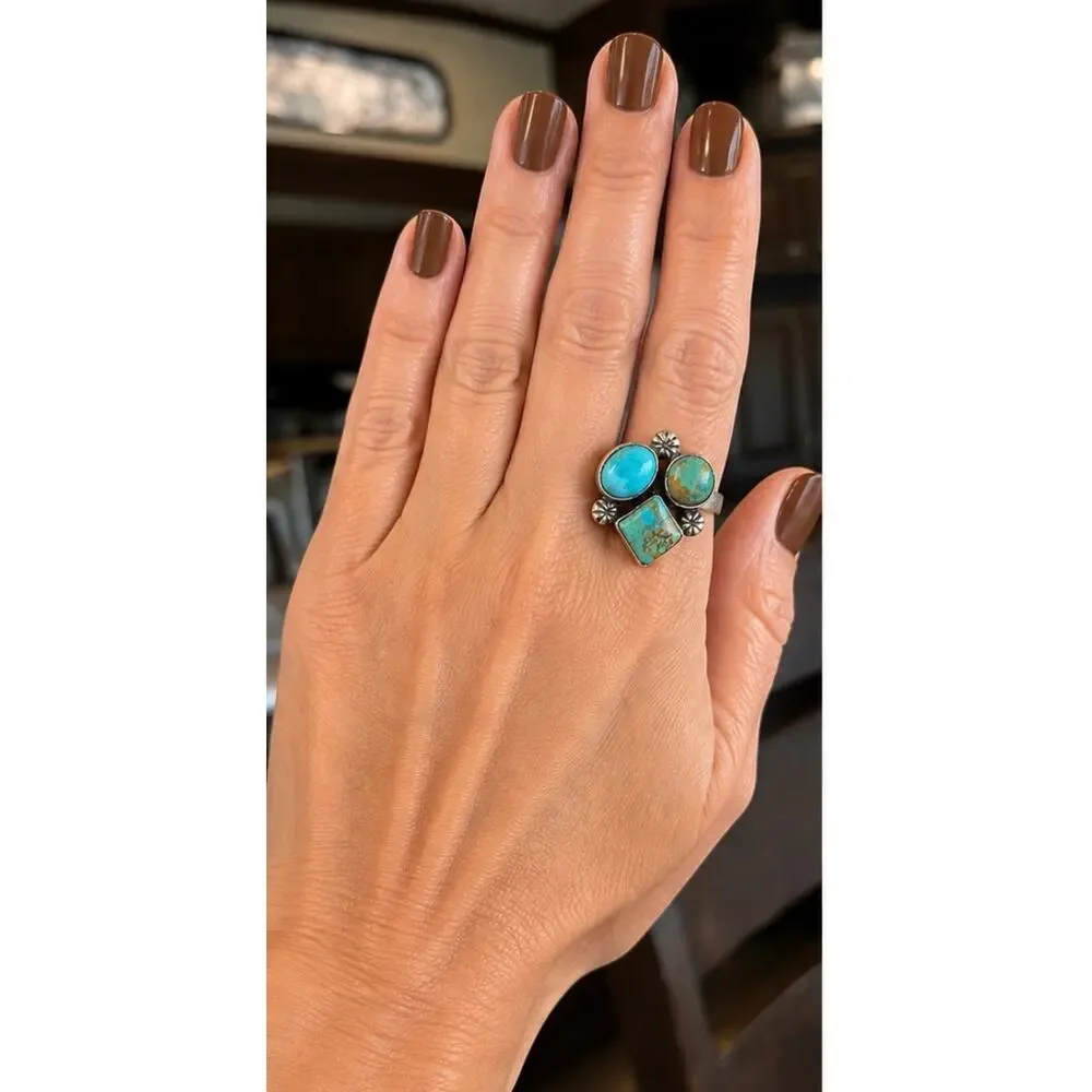 Three Stone Turquoise Sterling Silver Ring | Mixed Shape Southwestern Ring